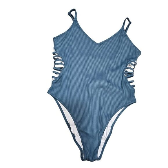 Pink Victorias Secret Ribbed Cutout One-Piece Swimsuit XL Blue‎ Gray High Cut - Picture 1 of 9